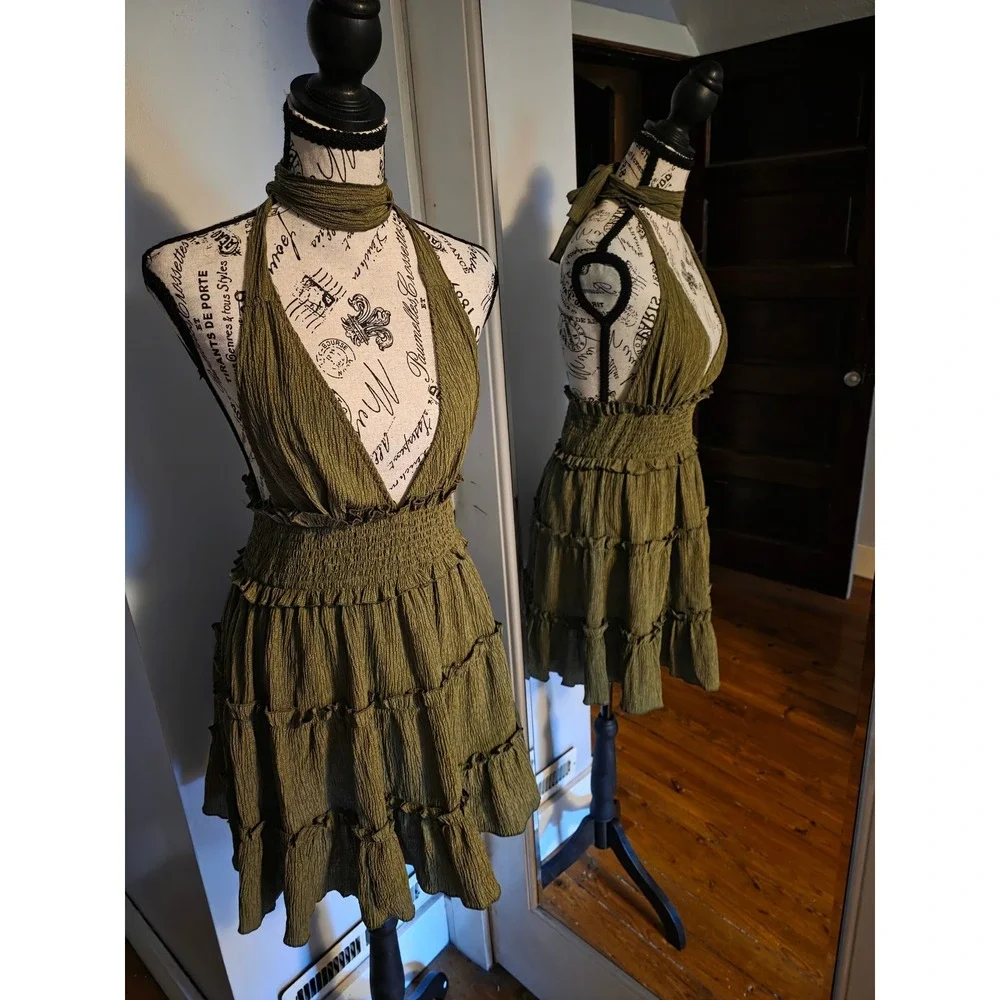 Olive Green Halter Mini Dress Tiered Ruffle Smocked Waist Crinkle Boho Sun Dress - Picture 1 of 3
